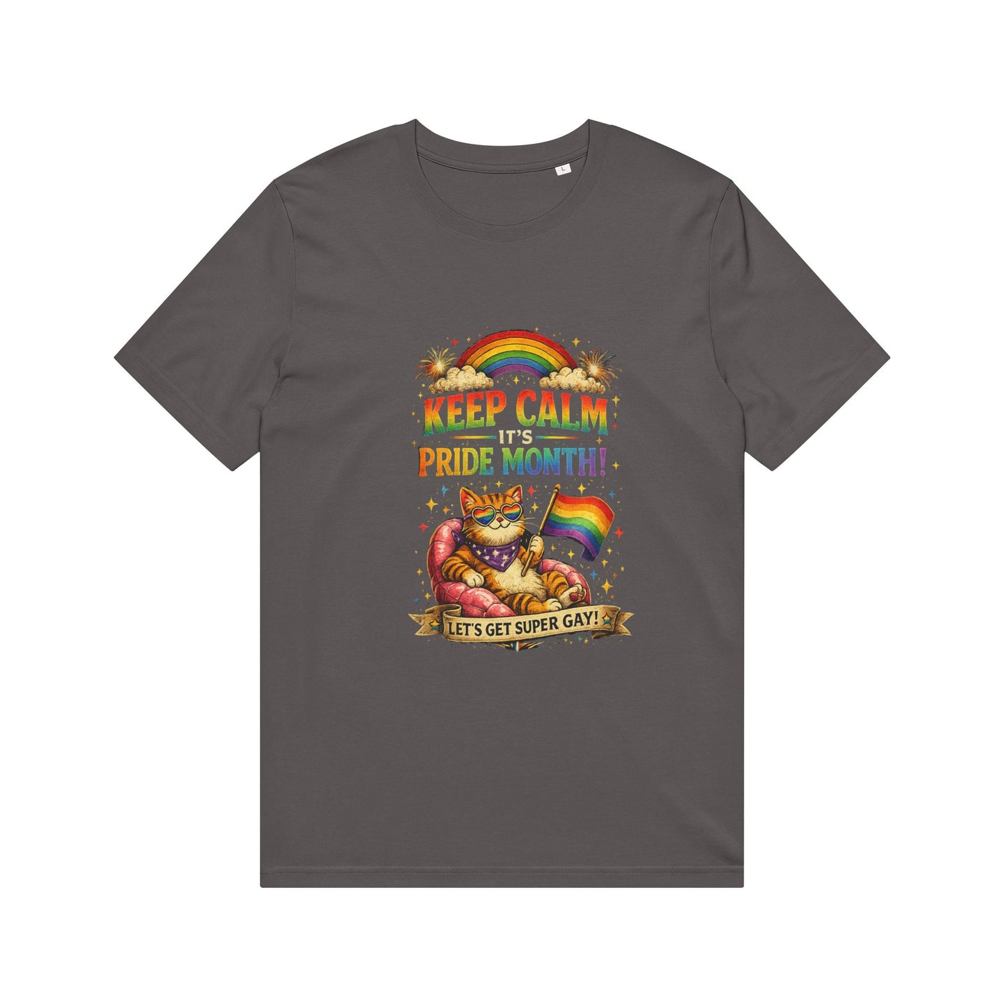 Pride Cat T‑Shirt — "Keep Calm Pride Month!" Rainbow Graphic Tee