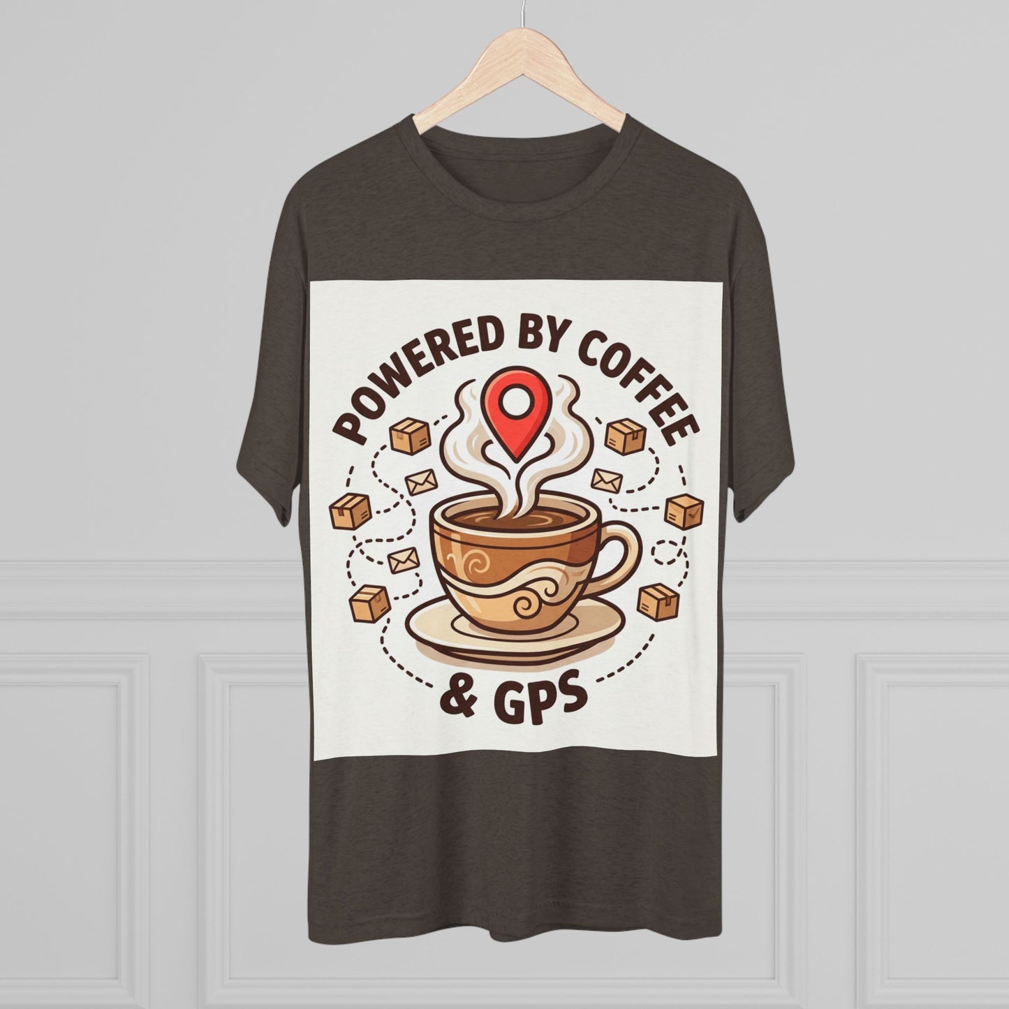 Coffee & GPS T-Shirt — "Powered by Coffee & GPS" Graphic Tee for Travelers & Commuters