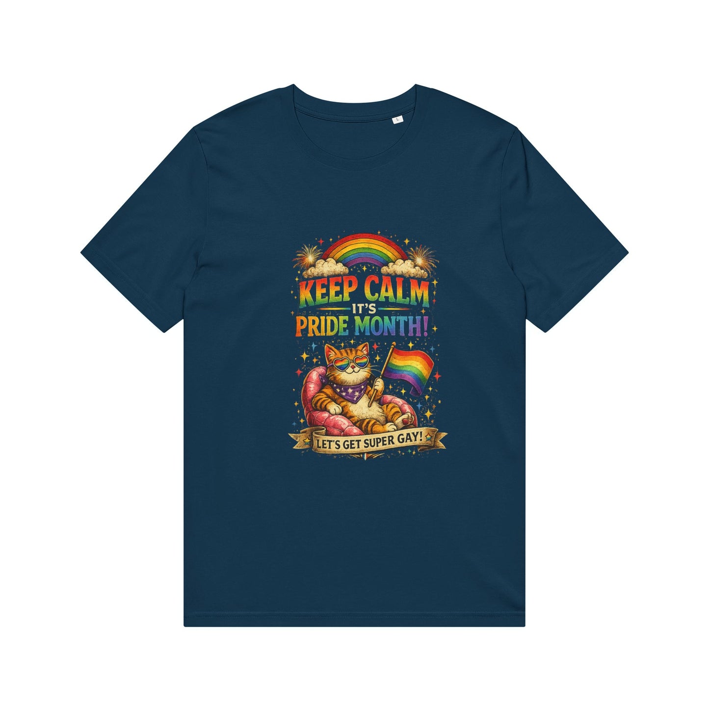 Pride Cat T‑Shirt — "Keep Calm Pride Month!" Rainbow Graphic Tee