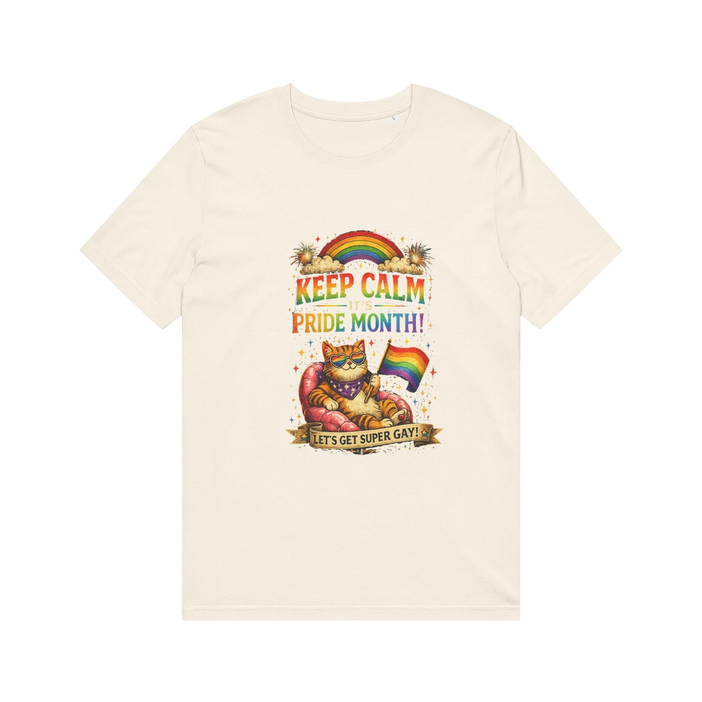 Pride Cat T‑Shirt — "Keep Calm Pride Month!" Rainbow Graphic Tee
