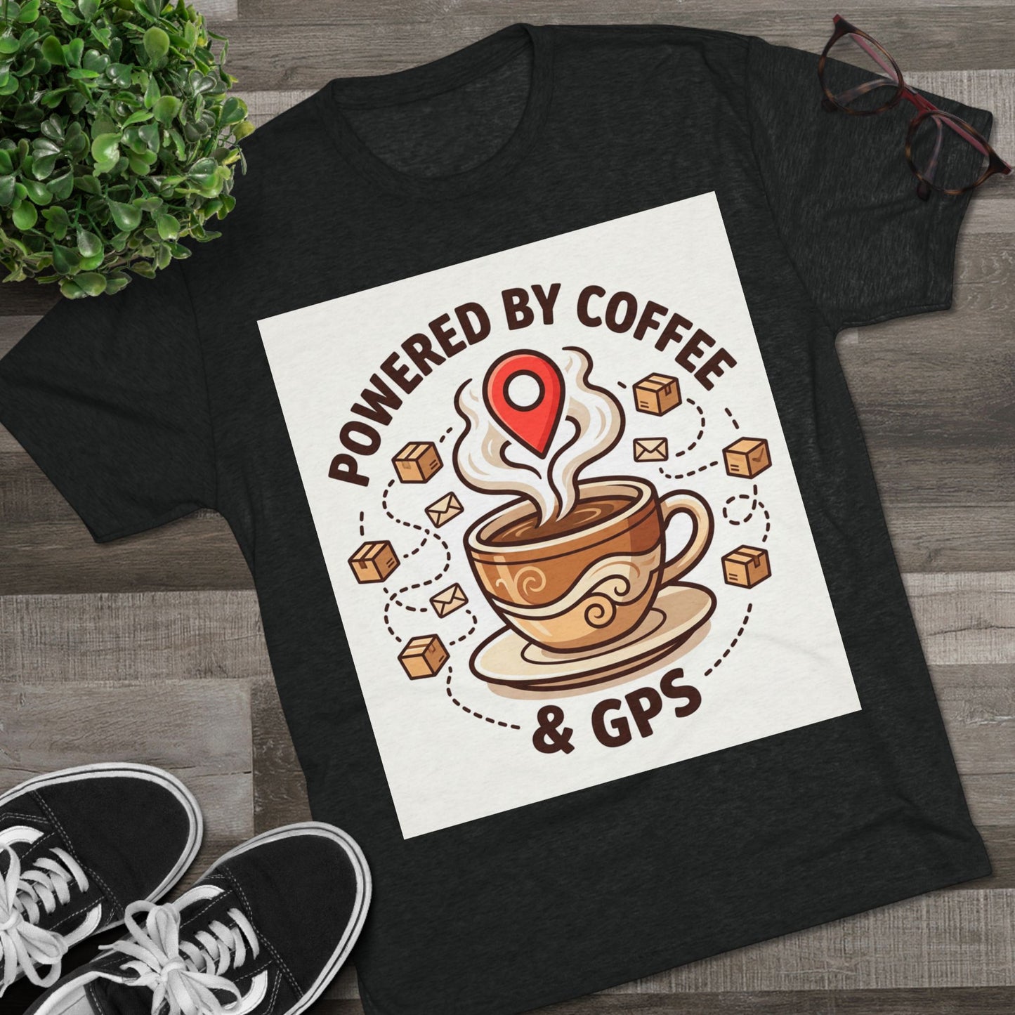 Coffee & GPS T-Shirt — "Powered by Coffee & GPS" Graphic Tee for Travelers & Commuters