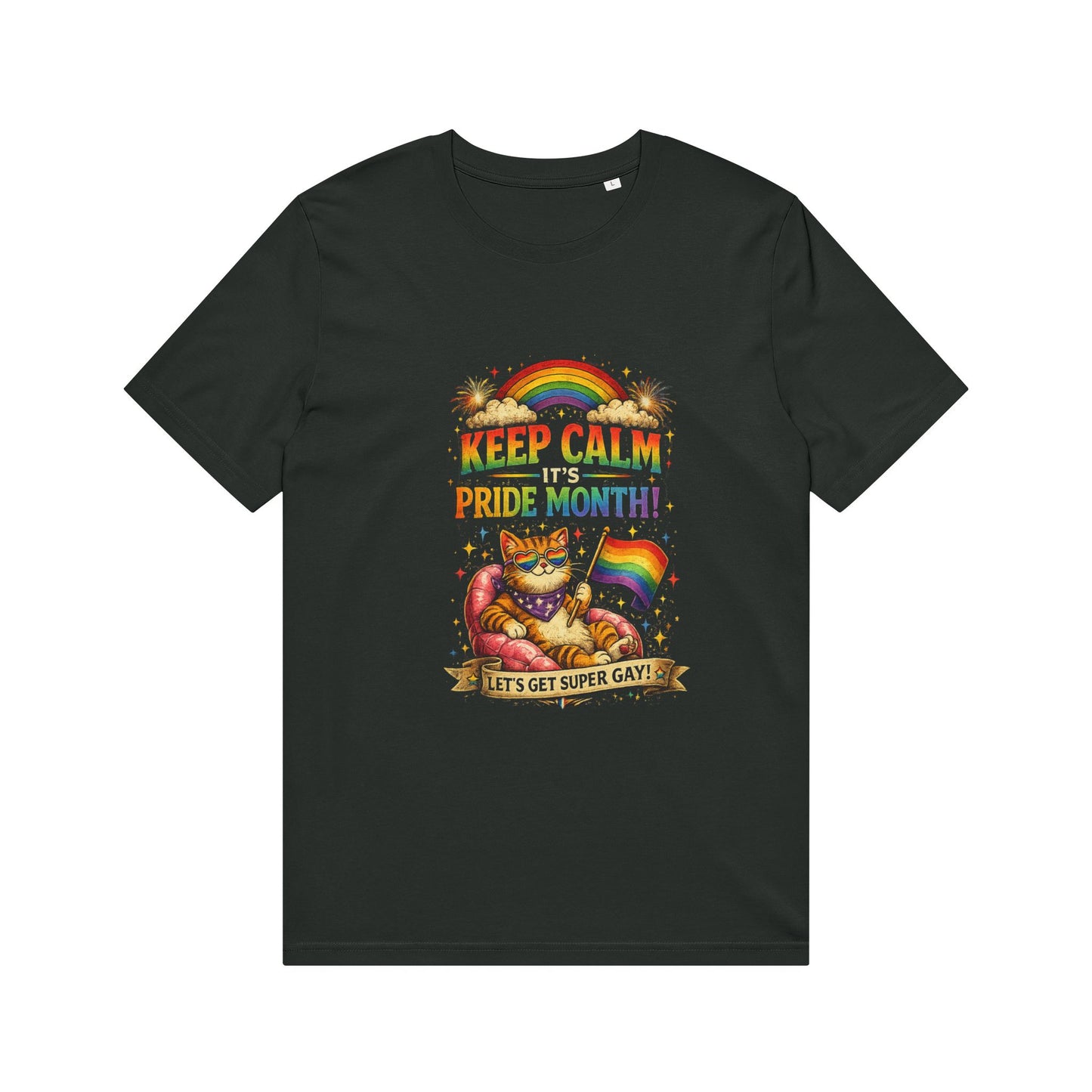 Pride Cat T‑Shirt — "Keep Calm Pride Month!" Rainbow Graphic Tee