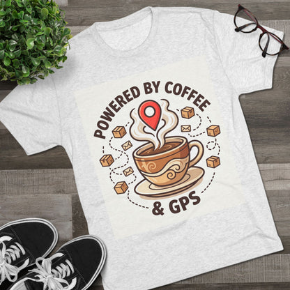Coffee & GPS T-Shirt — "Powered by Coffee & GPS" Graphic Tee for Travelers & Commuters