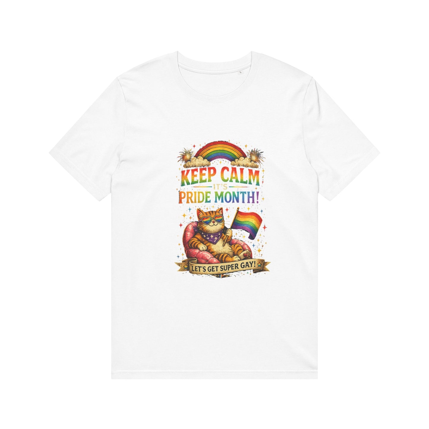 Pride Cat T‑Shirt — "Keep Calm Pride Month!" Rainbow Graphic Tee