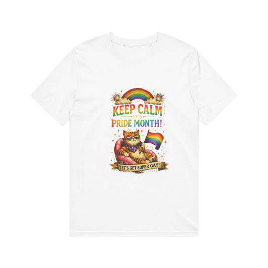 Pride Cat T‑Shirt — "Keep Calm Pride Month!" Rainbow Graphic Tee