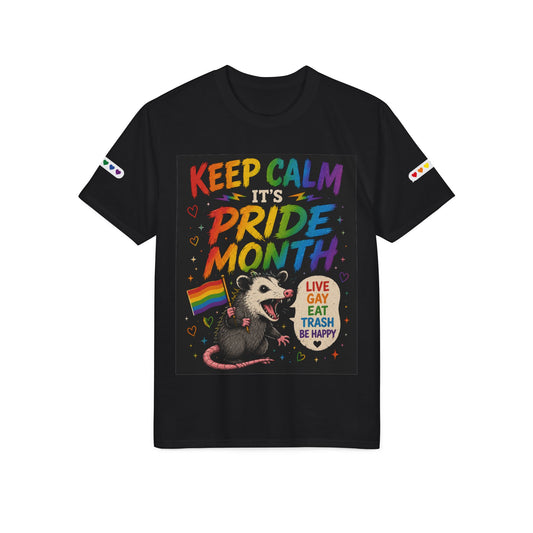 Keep Calm It’s Pride Month T-Shirt — Cute Rainbow Opossum “Live Gay Eat Trash” Pride Tee