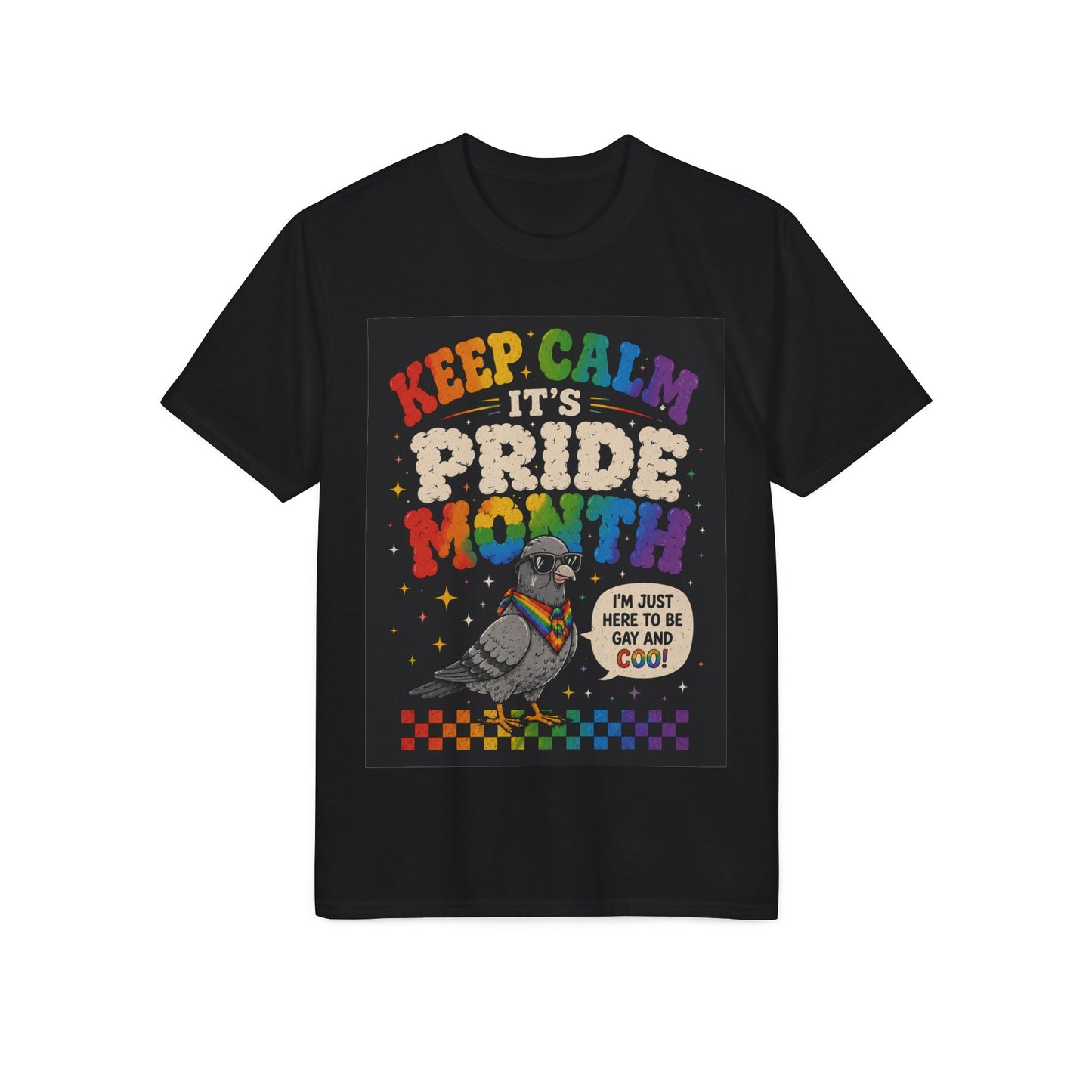 Pride Month T-Shirt — "Keep Calm It's Pride Month" Rainbow Pigeon Graphic