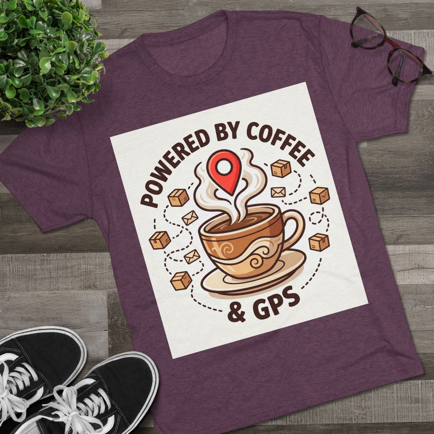 Coffee & GPS T-Shirt — "Powered by Coffee & GPS" Graphic Tee for Travelers & Commuters