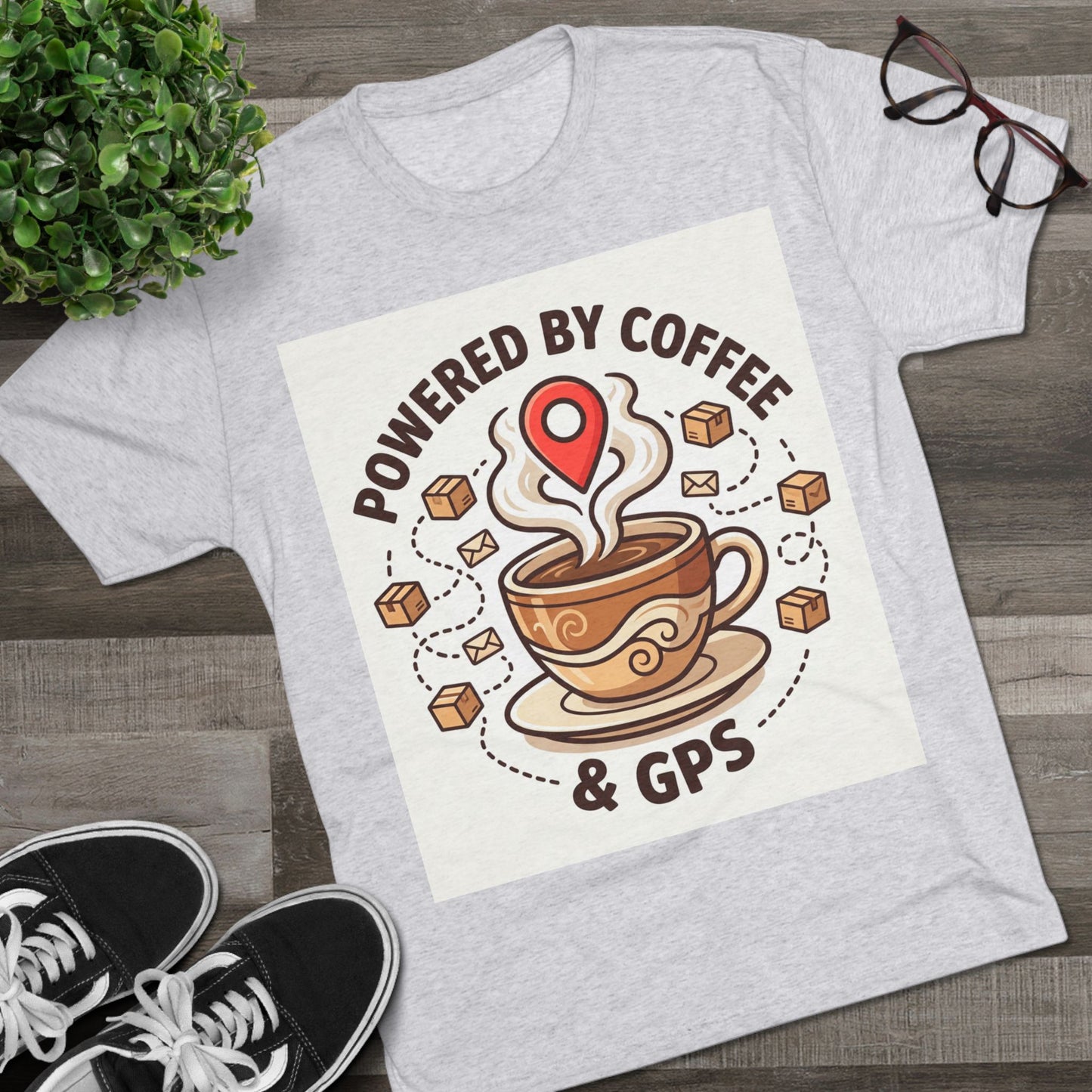 Coffee & GPS T-Shirt — "Powered by Coffee & GPS" Graphic Tee for Travelers & Commuters