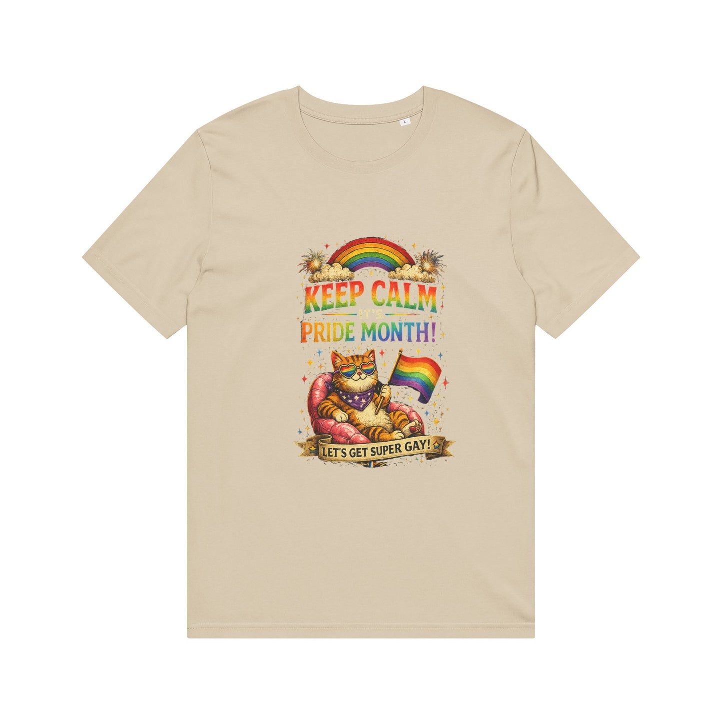 Pride Cat T‑Shirt — "Keep Calm Pride Month!" Rainbow Graphic Tee
